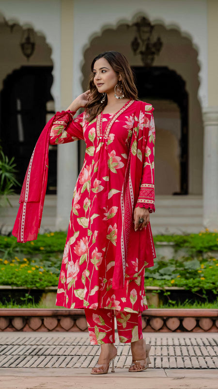 Ebbani Women’s Pure Cotton Pink Floral Kurta Set with Pants & Dupatta