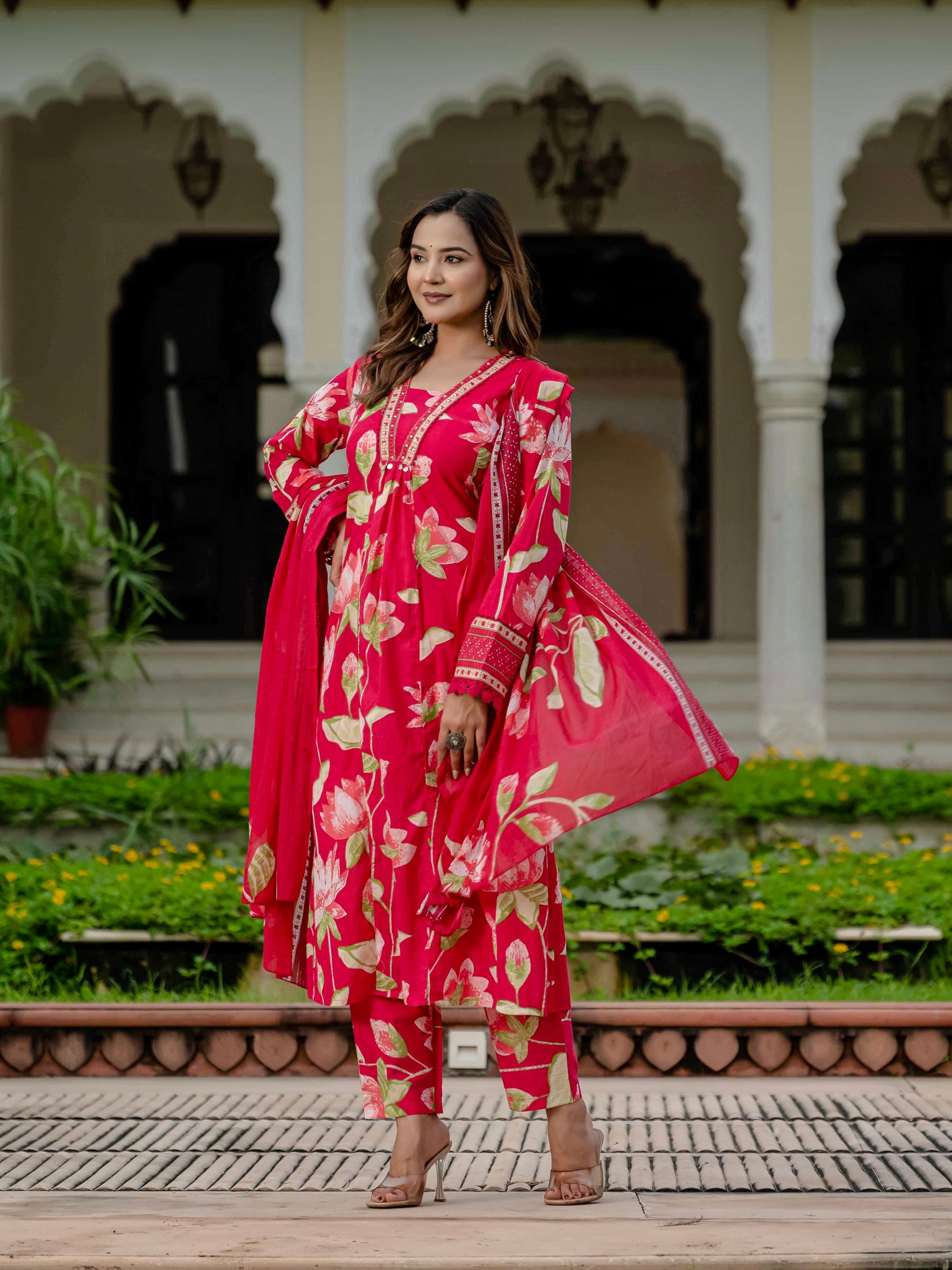 Cotton Pink Floral Kurta Set with Pants & Dupatta