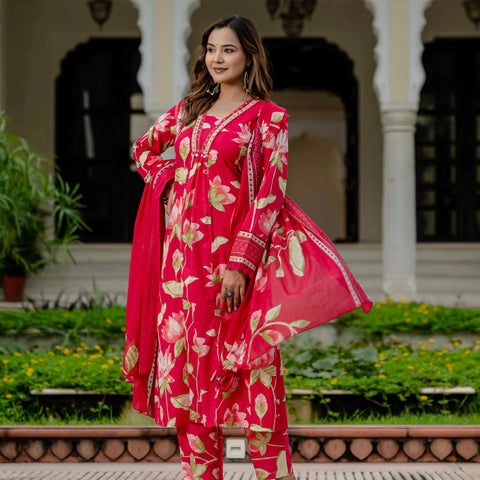 Cotton Pink Floral Kurta Set with Pants & Dupatta