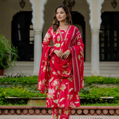 Ebbani Women’s Pure Cotton Pink Floral Kurta Set with Pants & Dupatta