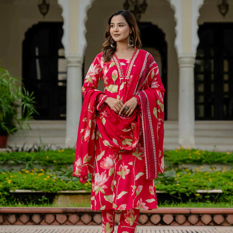Cotton Pink Floral Kurta Set with Pants & Dupatta
