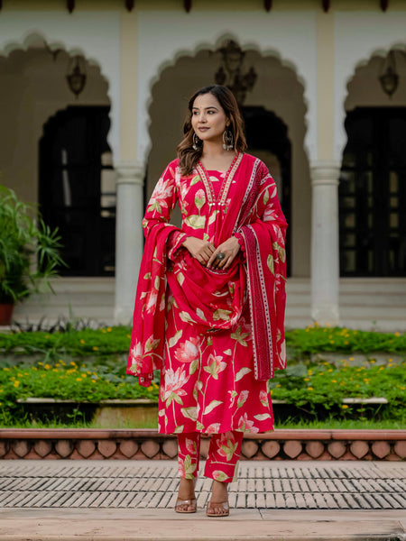 Ebbani Women’s Pure Cotton Pink Floral Kurta Set with Pants & Dupatta