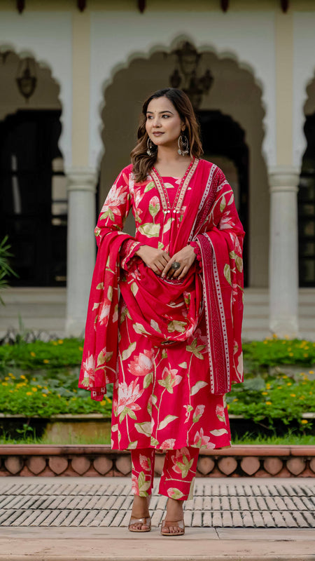 Ebbani Women’s Pure Cotton Pink Floral Kurta Set with Pants & Dupatta