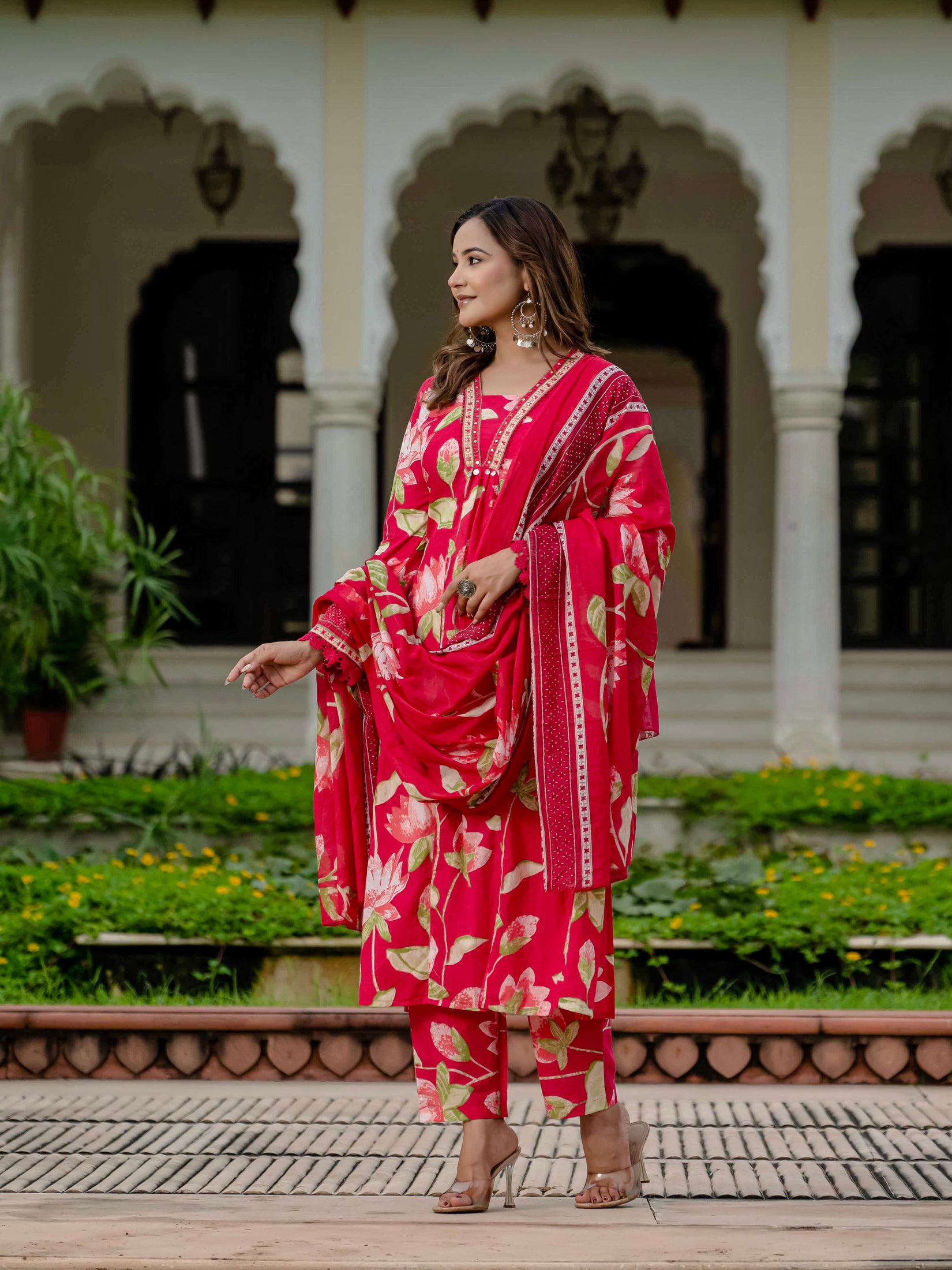 Cotton Pink Floral Kurta Set with Pants & Dupatta