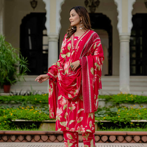 Cotton Pink Floral Kurta Set with Pants & Dupatta