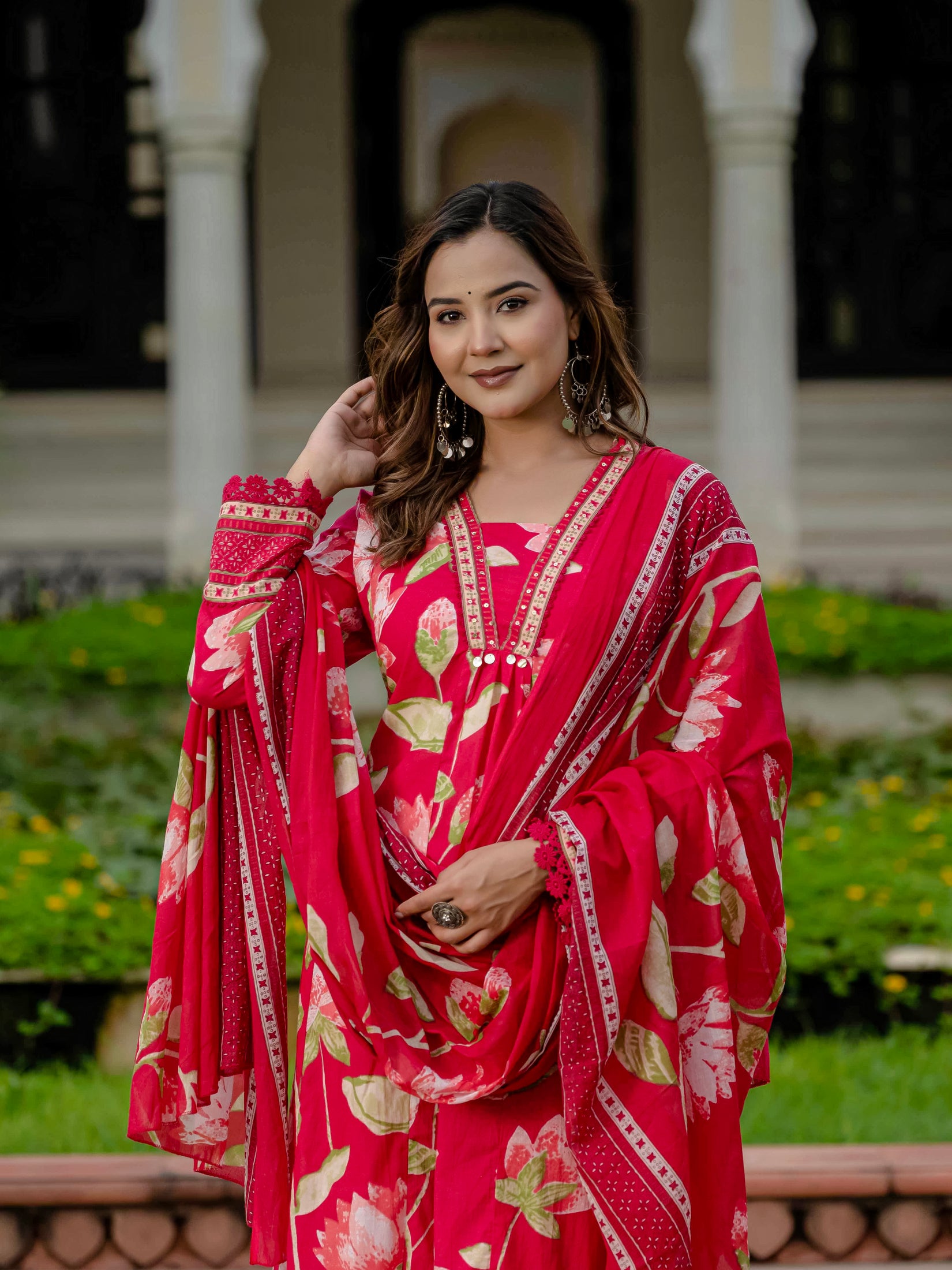 Cotton Pink Floral Kurta Set with Pants & Dupatta