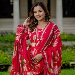 Ebbani Women’s Pure Cotton Pink Floral Kurta Set with Pants & Dupatta