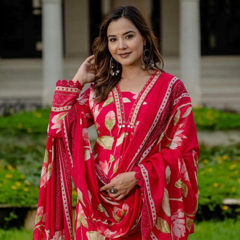 Cotton Pink Floral Kurta Set with Pants & Dupatta