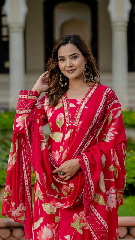 Ebbani Women’s Pure Cotton Pink Floral Kurta Set with Pants & Dupatta