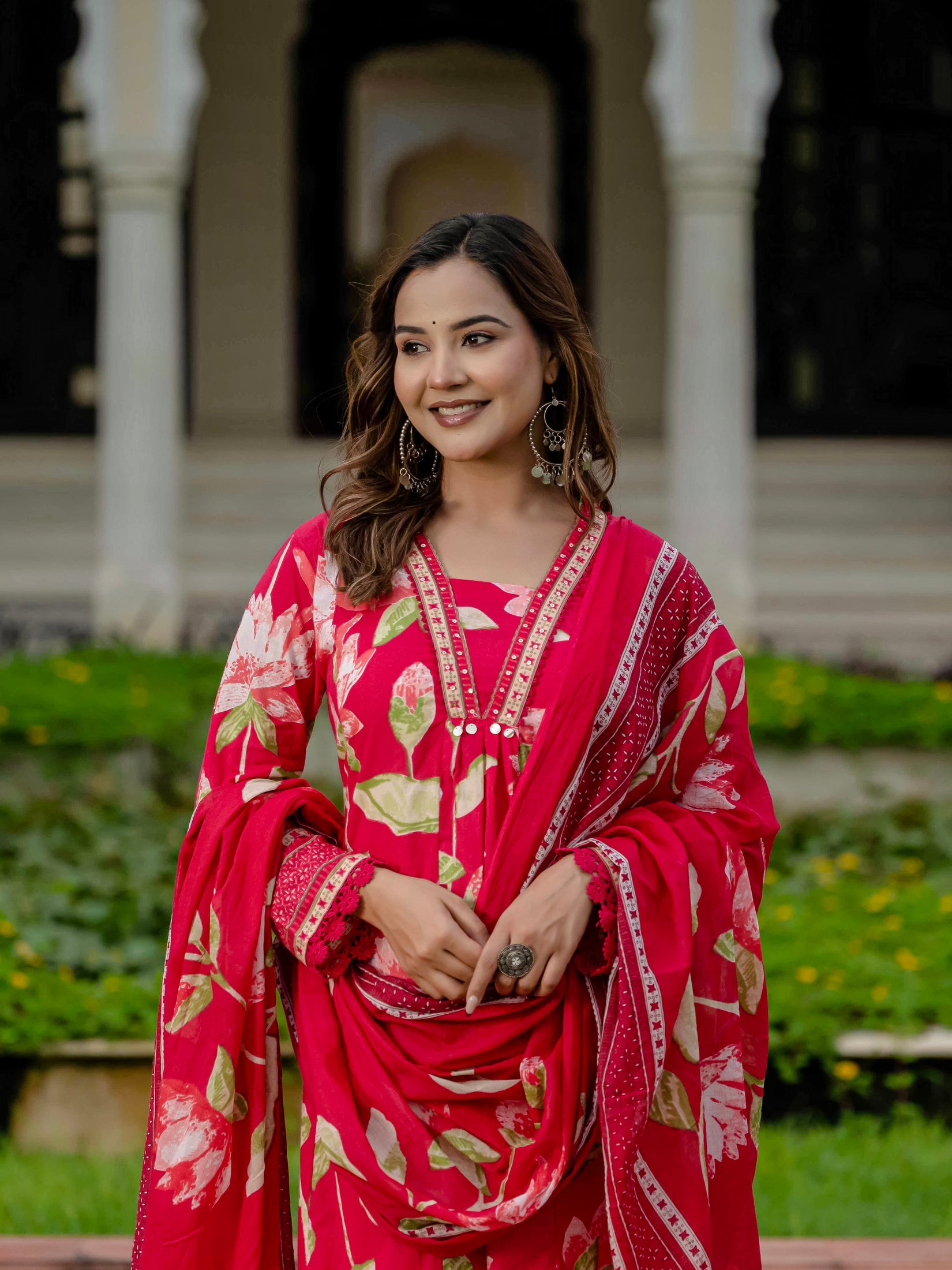 Cotton Pink Floral Kurta Set with Pants & Dupatta