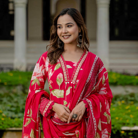Cotton Pink Floral Kurta Set with Pants & Dupatta