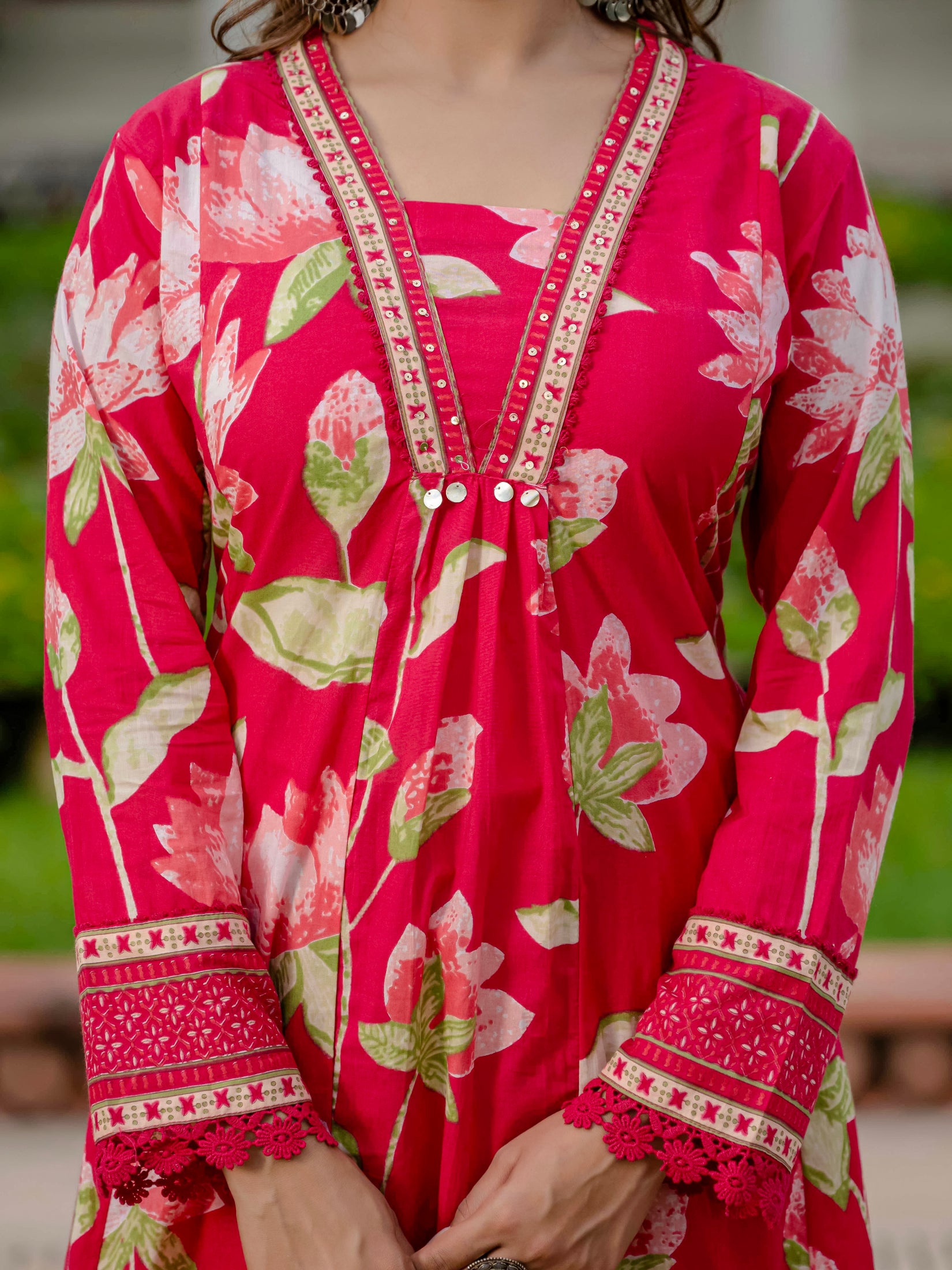 Cotton Pink Floral Kurta Set with Pants & Dupatta