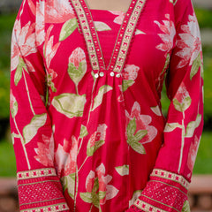 Ebbani Women’s Pure Cotton Pink Floral Kurta Set with Pants & Dupatta