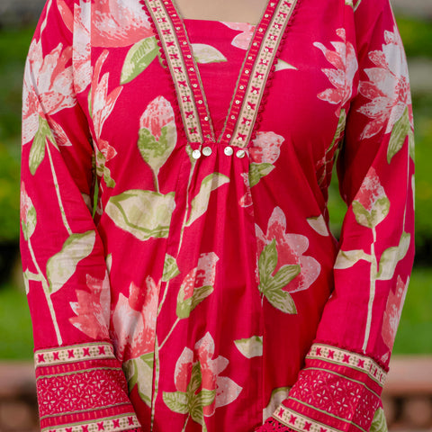 Cotton Pink Floral Kurta Set with Pants & Dupatta