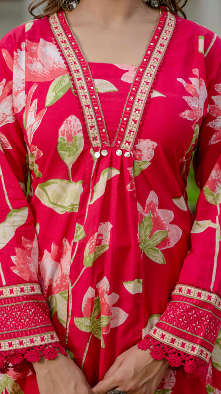Ebbani Women’s Pure Cotton Pink Floral Kurta Set with Pants & Dupatta