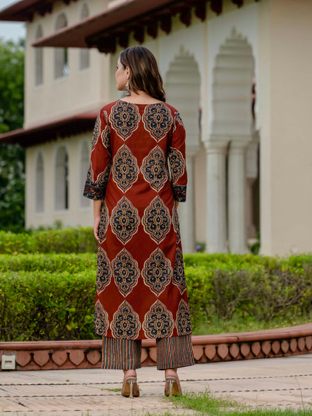 Ebbani Women’s Pure Cotton Ajrakh Printed Kurta Set with Pants & Dupatta