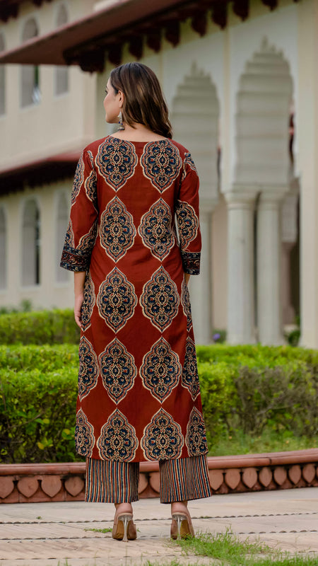 Ebbani Women’s Pure Cotton Ajrakh Printed Kurta Set with Pants & Dupatta