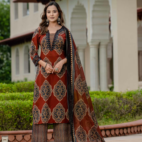 Ebbani Women’s Pure Cotton Ajrakh Printed Kurta Set with Pants & Dupatta