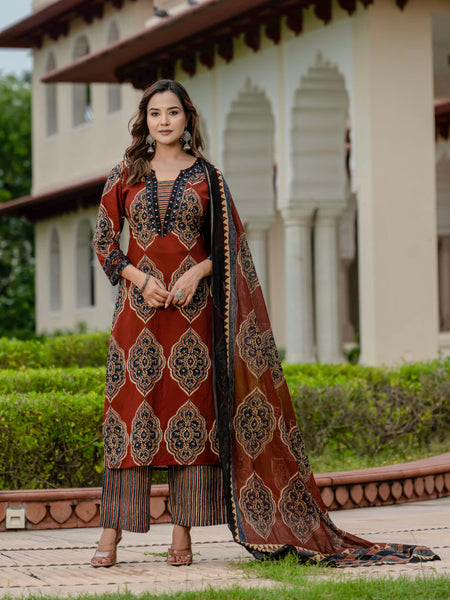 Ebbani Women’s Pure Cotton Ajrakh Printed Kurta Set with Pants & Dupatta