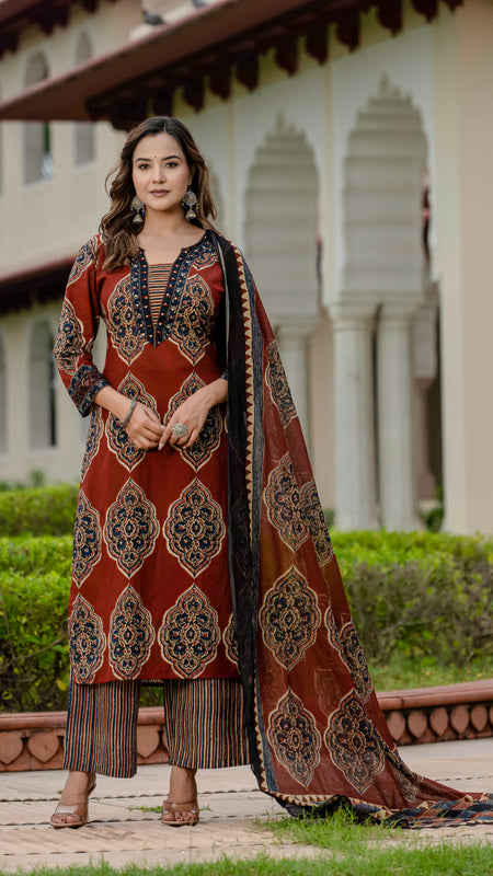 Ebbani Women’s Pure Cotton Ajrakh Printed Kurta Set with Pants & Dupatta
