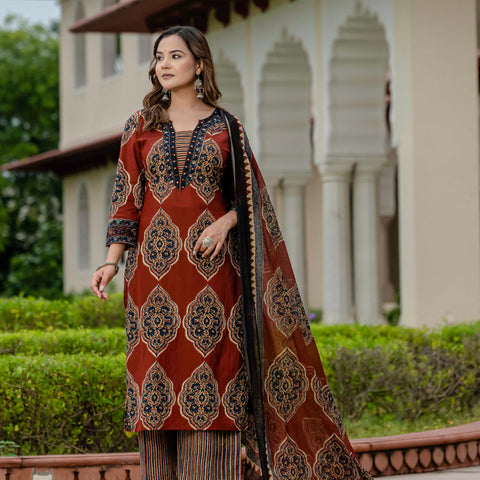 Ebbani Women’s Pure Cotton Ajrakh Printed Kurta Set with Pants & Dupatta