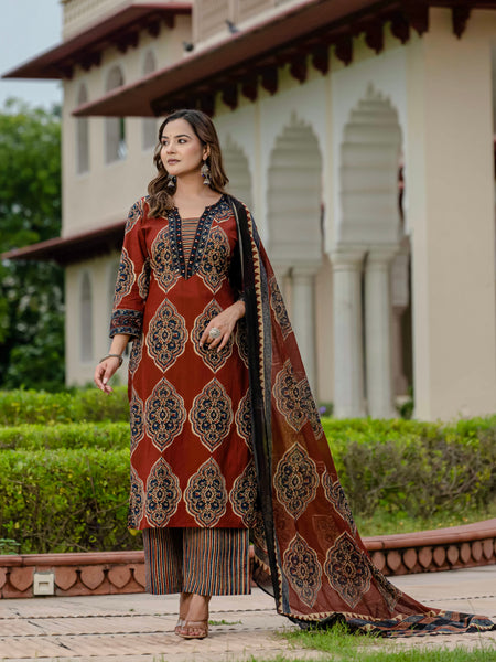 Ebbani Women’s Pure Cotton Ajrakh Printed Kurta Set with Pants & Dupatta