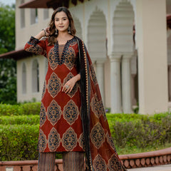 Ebbani Women’s Pure Cotton Ajrakh Printed Kurta Set with Pants & Dupatta