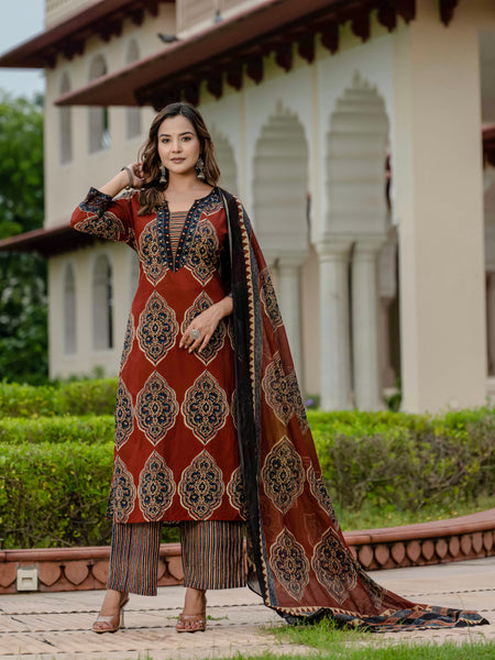 Ebbani Women’s Pure Cotton Ajrakh Printed Kurta Set with Pants & Dupatta