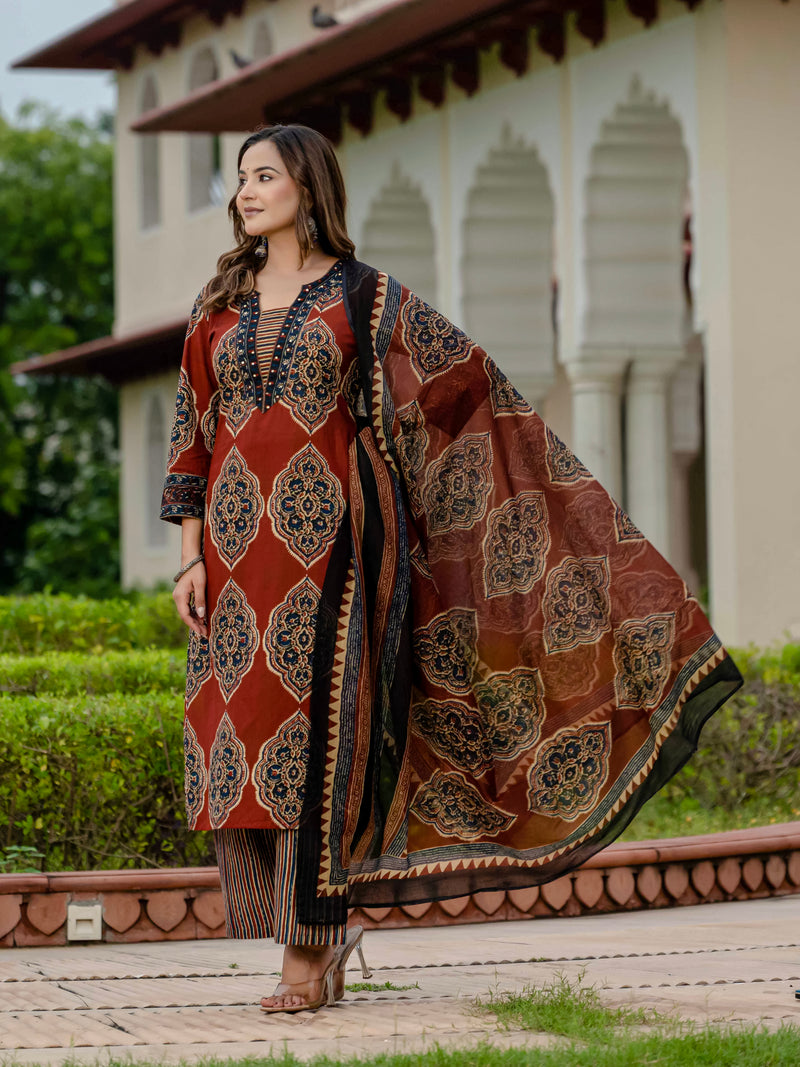 Ebbani Women’s Pure Cotton Ajrakh Printed Kurta Set with Pants & Dupatta