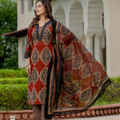 Ebbani Women’s Pure Cotton Ajrakh Printed Kurta Set with Pants & Dupatta