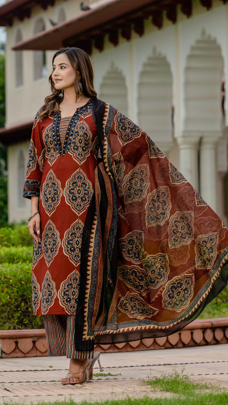 Ebbani Women’s Pure Cotton Ajrakh Printed Kurta Set with Pants & Dupatta