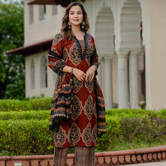 Ebbani Women’s Pure Cotton Ajrakh Printed Kurta Set with Pants & Dupatta