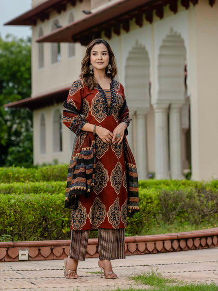 Ebbani Women’s Pure Cotton Ajrakh Printed Kurta Set with Pants & Dupatta