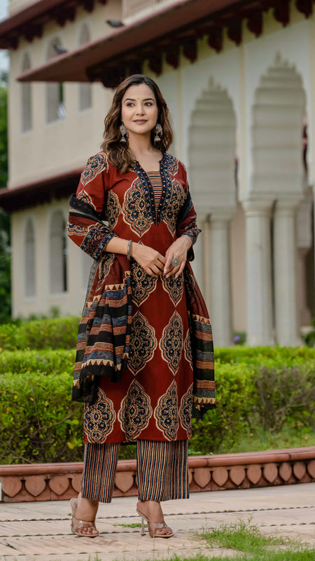 Ebbani Women’s Pure Cotton Ajrakh Printed Kurta Set with Pants & Dupatta