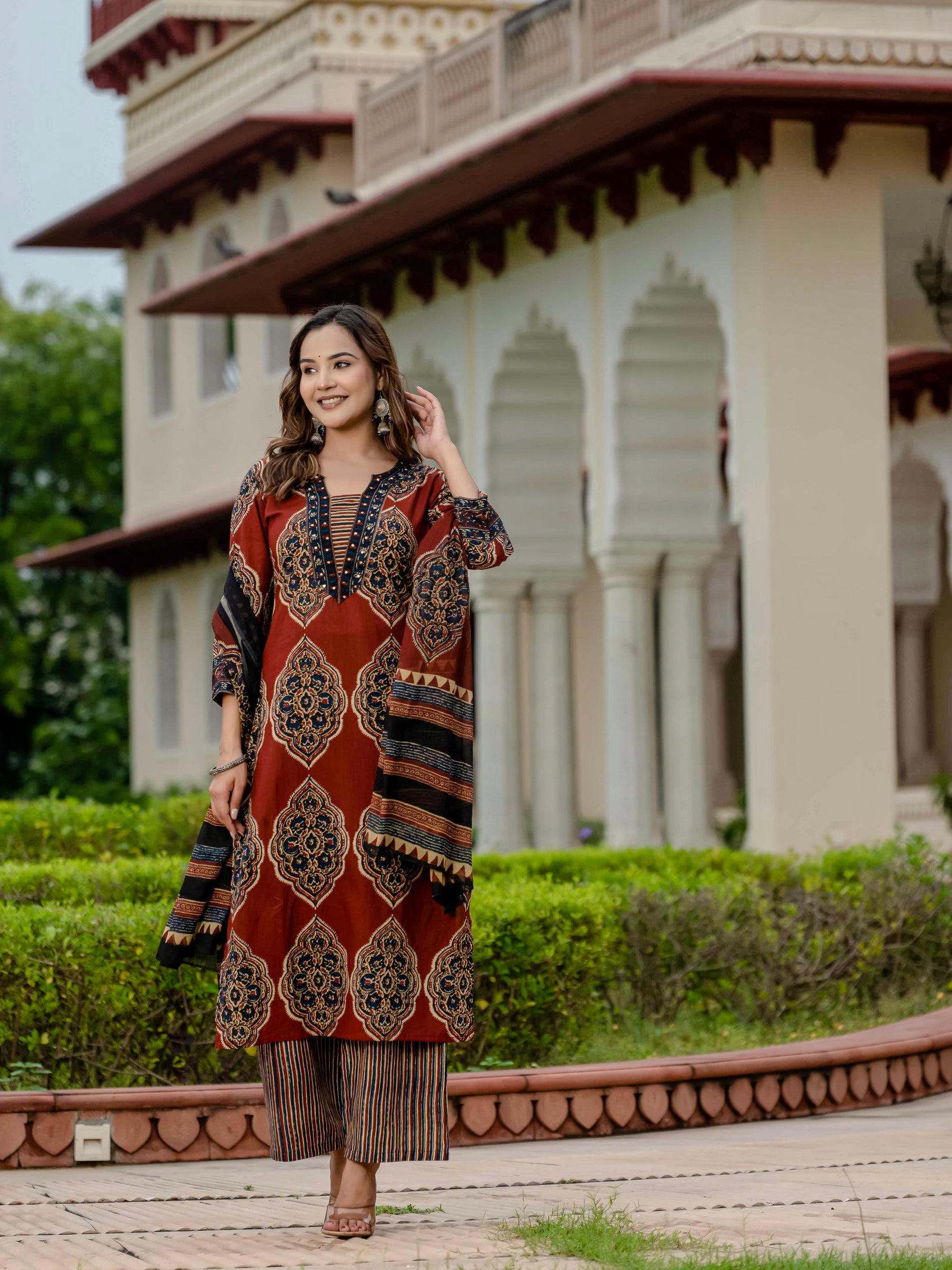 Ebbani Women’s Pure Cotton Ajrakh Printed Kurta Set with Pants & Dupatta