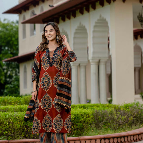 Ebbani Women’s Pure Cotton Ajrakh Printed Kurta Set with Pants & Dupatta