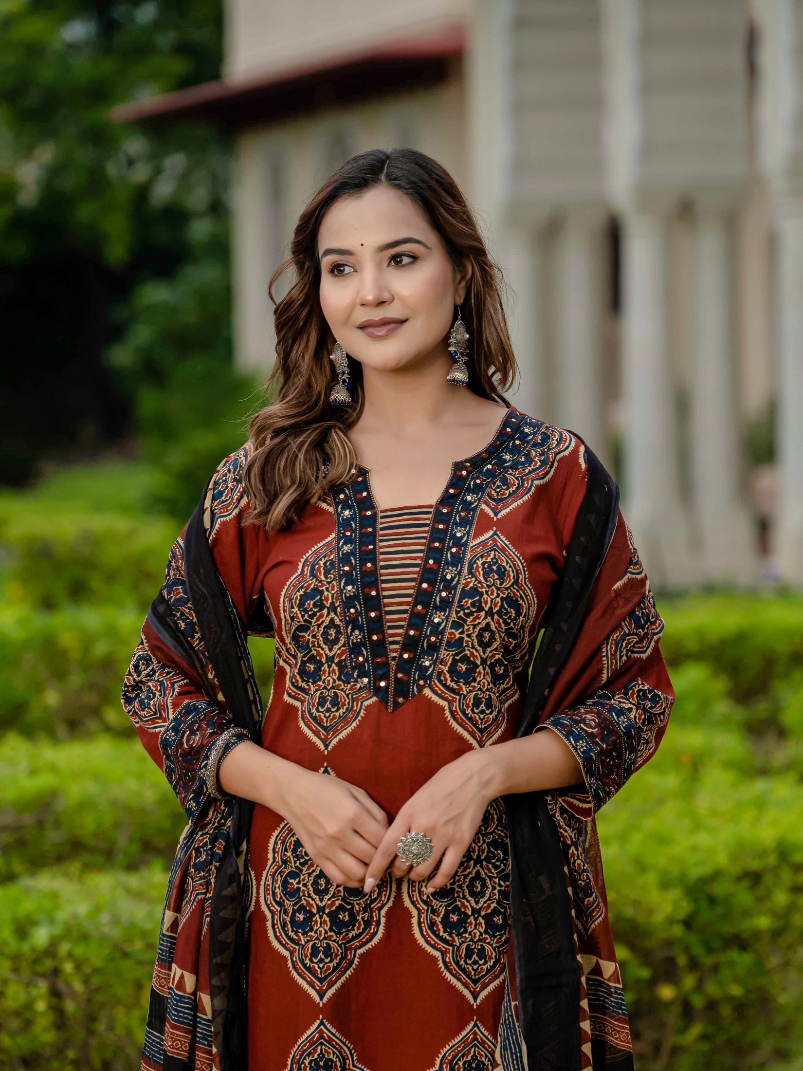 Ebbani Women’s Pure Cotton Ajrakh Printed Kurta Set with Pants & Dupatta