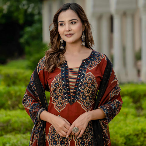 Ebbani Women’s Pure Cotton Ajrakh Printed Kurta Set with Pants & Dupatta