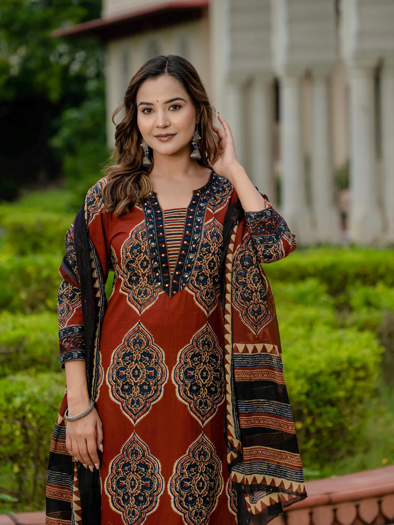 Ebbani Women’s Pure Cotton Ajrakh Printed Kurta Set with Pants & Dupatta