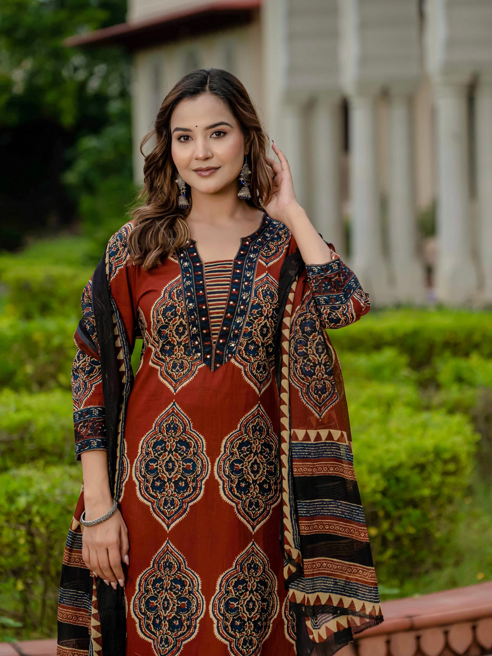 Ebbani Women’s Pure Cotton Ajrakh Printed Kurta Set with Pants & Dupatta