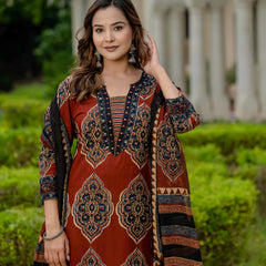 Ebbani Women’s Pure Cotton Ajrakh Printed Kurta Set with Pants & Dupatta