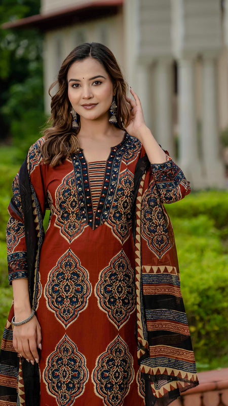 Ebbani Women’s Pure Cotton Ajrakh Printed Kurta Set with Pants & Dupatta