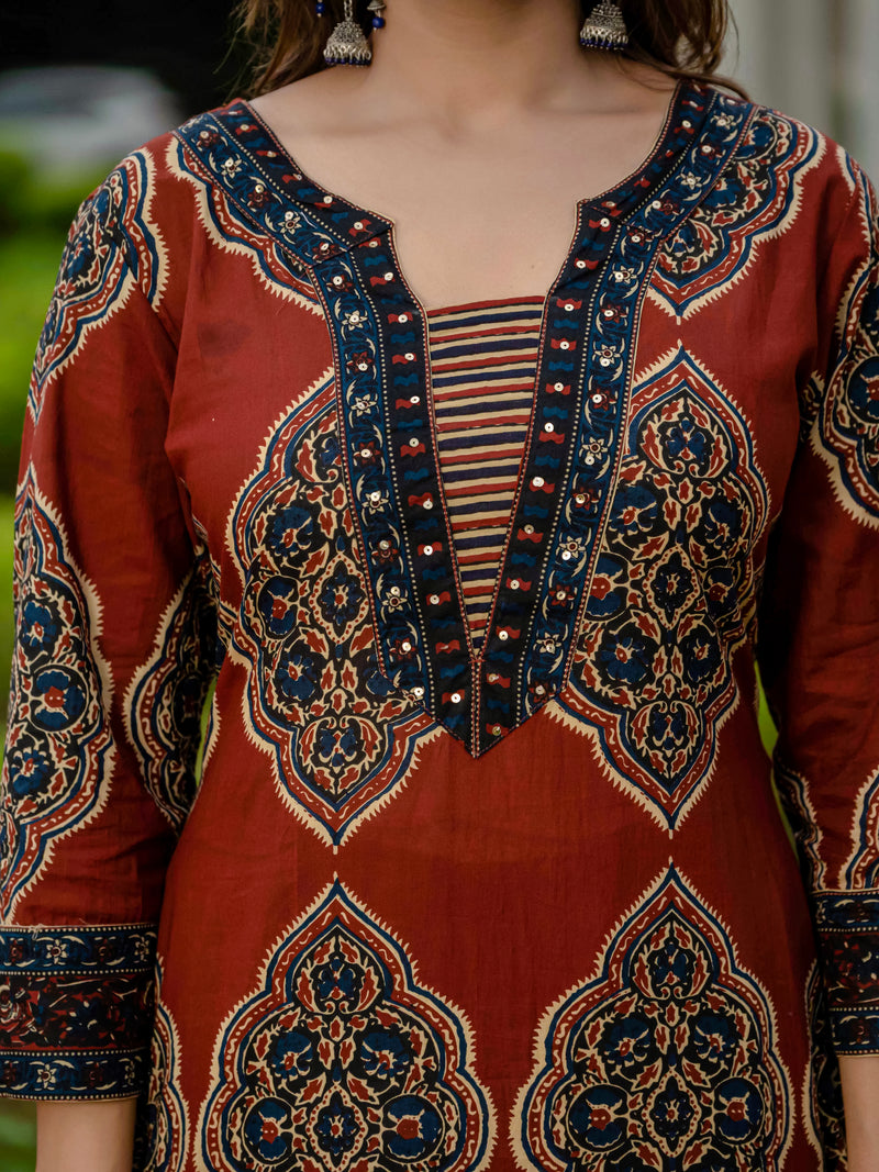 Ebbani Women’s Pure Cotton Ajrakh Printed Kurta Set with Pants & Dupatta