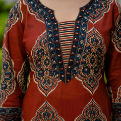 Ebbani Women’s Pure Cotton Ajrakh Printed Kurta Set with Pants & Dupatta