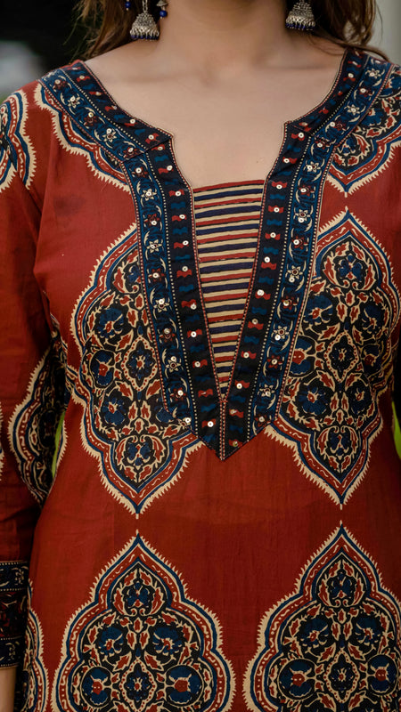 Ebbani Women’s Pure Cotton Ajrakh Printed Kurta Set with Pants & Dupatta