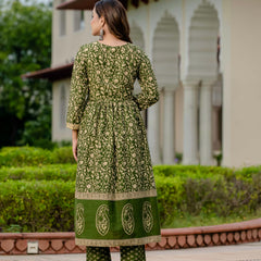 Ebbani Women’s Pure Cotton Ethnic Printed Green Kurta Set