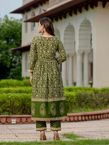 Ebbani Women’s Pure Cotton Ethnic Printed Green Kurta Set