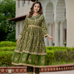 Ebbani Women’s Pure Cotton Ethnic Printed Green Kurta Set