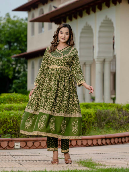 Ebbani Women’s Pure Cotton Ethnic Printed Green Kurta Set