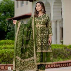 Ebbani Women’s Pure Cotton Ethnic Printed Green Kurta Set